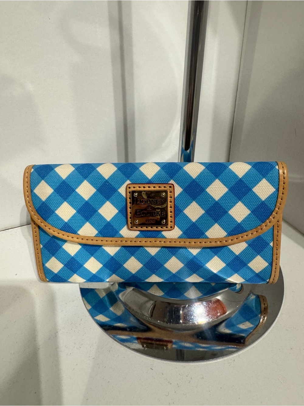 Dooney & Bourke Blue and White Gingham Wallet with Tan Trim